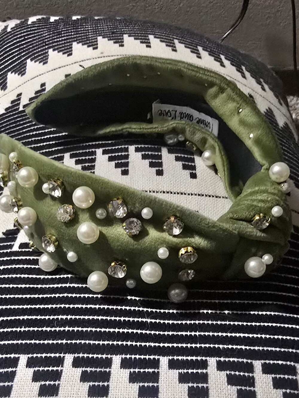 Embellished Olive Green Pearl & Crystal Knotted Headband -